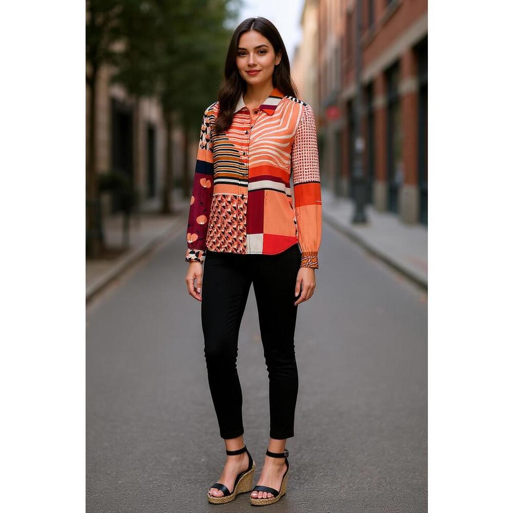 Tory Burch Patchwork Printed Silk LS Blouse Vibra… - image 2